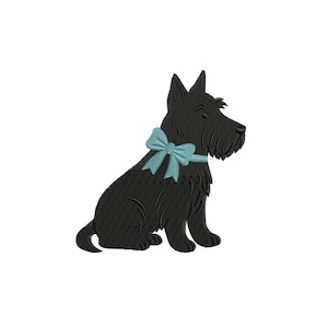 May include: A black embroidered Scottish Terrier dog with a light blue bow tie. The dog is sitting, facing right, with detailed stitching. The image is on a white background.
