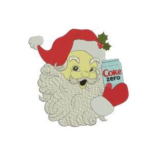 May include: Embroidered image of Santa Claus with a red hat and mitten, holding a can of Coke Zero. Santa's face is light yellow with a white beard and mustache. A sprig of holly with red berries is on his hat.