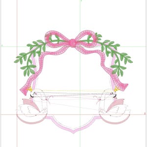 May include: A digital embroidery design featuring a pink bow wreath with two white swans on either side. The design is titled "Royal Swan Bow Wreath Crest Frame Banner".