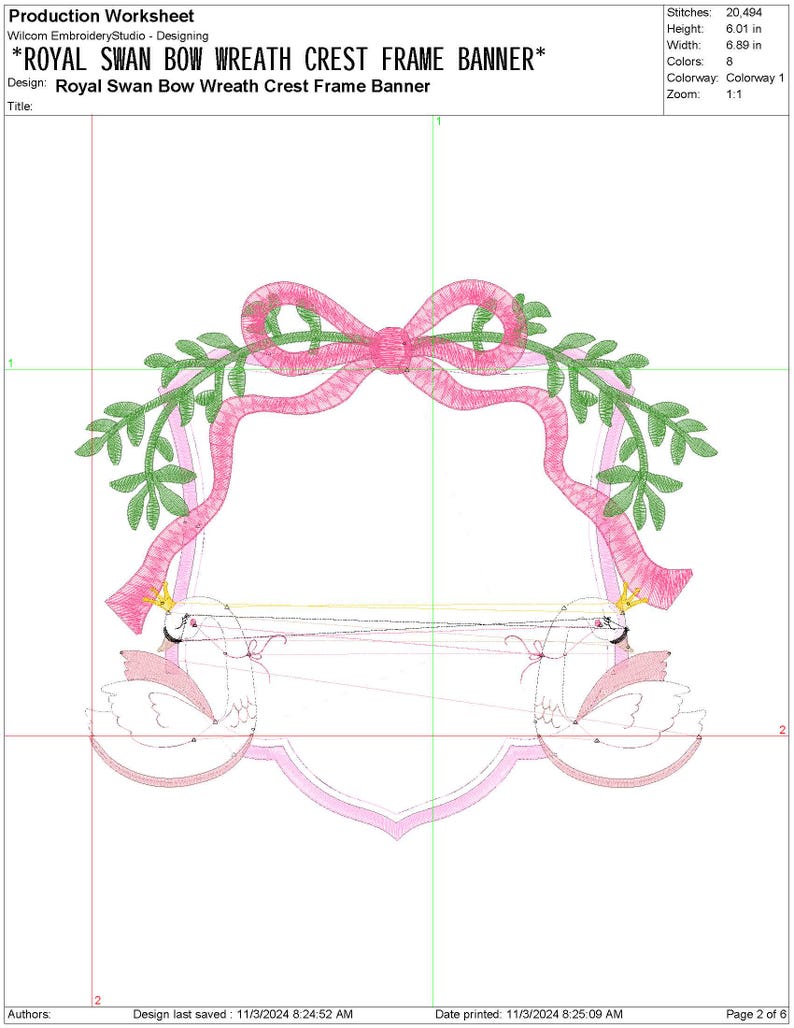 May include: A digital embroidery design featuring a pink bow wreath with two white swans on either side. The design is titled "Royal Swan Bow Wreath Crest Frame Banner".