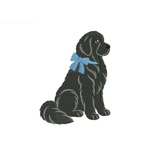 May include: An embroidery design of a black dog sitting in profile, featuring a light blue bow tied around its neck. The dog has long, dark fur with subtle grey stitching details to define its shape and a small, dark eye visible on its face.