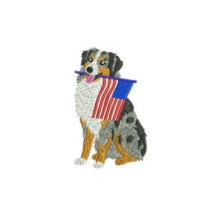 May include: Embroidered image of a sitting dog with a blue, white, and red American flag in its mouth. The dog has a tri-color coat of black, white, and brown. The flag has red and white stripes and a blue field with white stars.