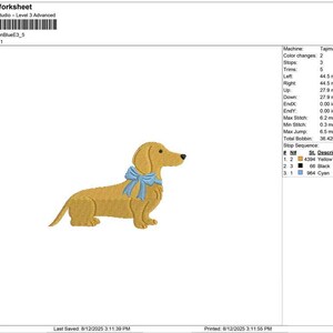 May include: An embroidered design of a dachshund dog wearing a light blue bow. The dog is a golden yellow color. The design is 2.20 inches high and 3.51 inches wide.