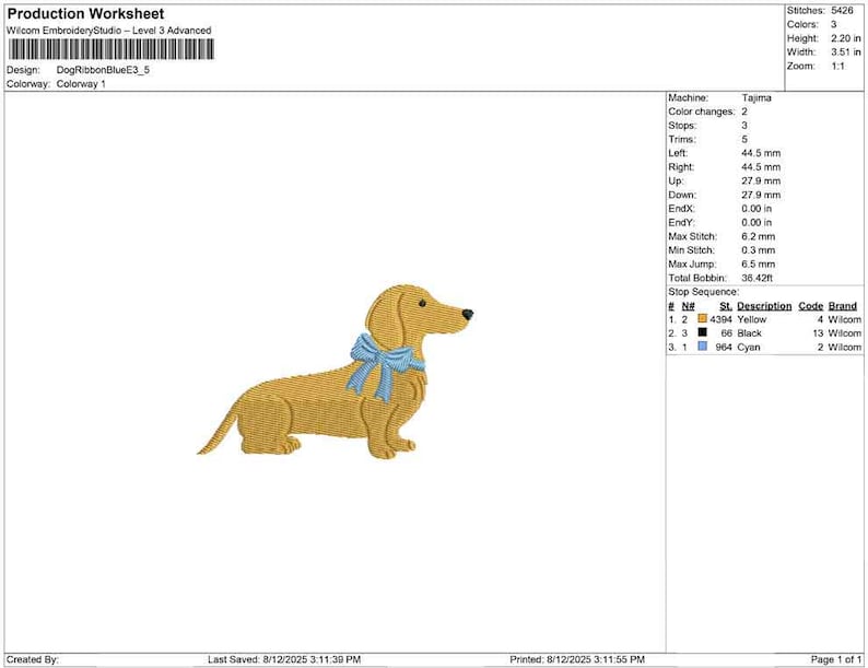 May include: An embroidered design of a dachshund dog wearing a light blue bow. The dog is a golden yellow color. The design is 2.20 inches high and 3.51 inches wide.