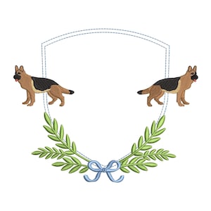 May include: A blue and white shield with two German Shepherd dogs on either side. The shield is surrounded by a wreath of green leaves with a blue bow at the bottom.