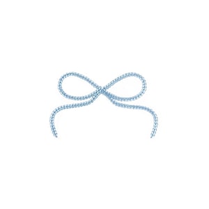 May include: A light blue decorative bow made of a beaded chain. The bow is centered on a white background. The bow's loops and tails are clearly defined, creating a delicate and elegant appearance. The bow is a simple, yet stylish design.
