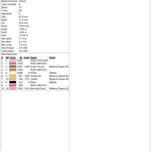 May include: A production worksheet for a machine embroidery design titled "Royal Swan Bow Wreath Crest Frame Banner". The design uses 8 colors and 20,494 stitches. The design is 6.01 inches tall and 6.89 inches wide.