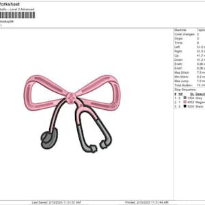 May include: A pink bow with a stethoscope underneath. The design is for embroidery and includes three colors: grey, magenta, and black.