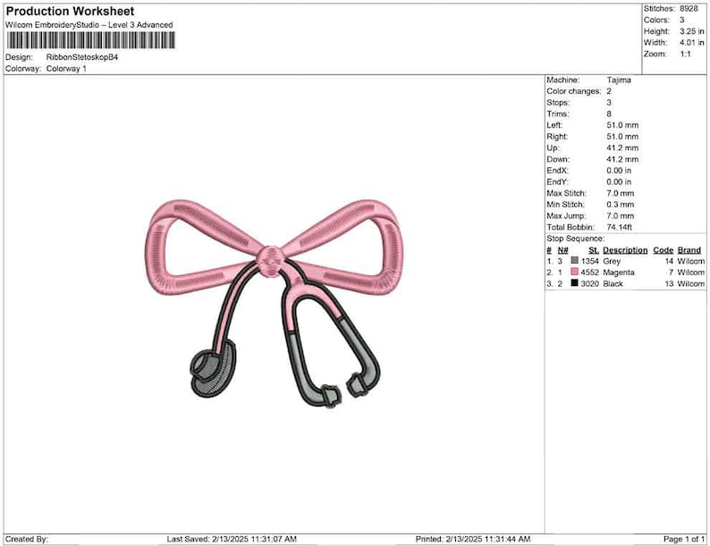 May include: A pink bow with a stethoscope underneath. The design is for embroidery and includes three colors: grey, magenta, and black.