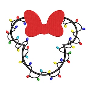 Girl Mouse Christmas Lights Embroidery Design pes dgt dst exp hus inf jef sew vp3 xxx Bow Machine Embroidery File Cute Gift | 6 Sizes