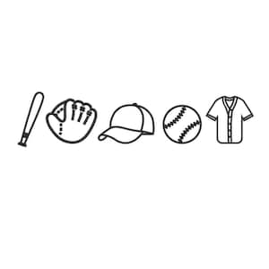 May include: Black and white line art illustration of baseball equipment, including a bat, glove, cap, ball, and jersey.