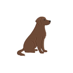 Pode incluir: Ilustração de um cão castanho sentado, virado para a direita. O cão tem uma aparência texturizada, com nariz e olhos pretos. O fundo é branco liso, realçando a forma e a cor do cão.