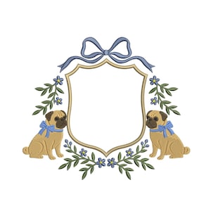 May include: Embroidered design featuring two pugs wearing blue bows, flanking a shield-shaped frame. The frame is adorned with a blue bow at the top and floral elements. The pugs are tan with black muzzles.