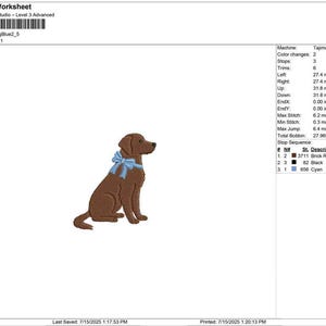 Puede incluir: Dise&ntilde;o de bordado de un perro marr&oacute;n con un lazo azul claro. El dise&ntilde;o mide 6,35 cm de alto y 5,46 cm de ancho. La hoja de producci&oacute;n incluye detalles como el recuento de puntadas, los cambios de color y la informaci&oacute;n de la m&aacute;quina.