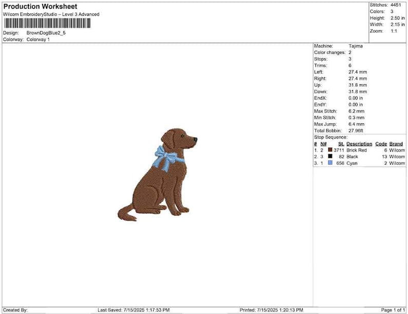 Puede incluir: Dise&ntilde;o de bordado de un perro marr&oacute;n con un lazo azul claro. El dise&ntilde;o mide 6,35 cm de alto y 5,46 cm de ancho. La hoja de producci&oacute;n incluye detalles como el recuento de puntadas, los cambios de color y la informaci&oacute;n de la m&aacute;quina.