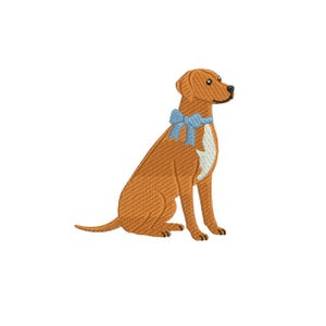 May include: An embroidered design of a sitting dog in shades of brown, with a light blue bow around its neck and a white patch on its chest. The dog is facing right, with its tail curled and its ears perked up.