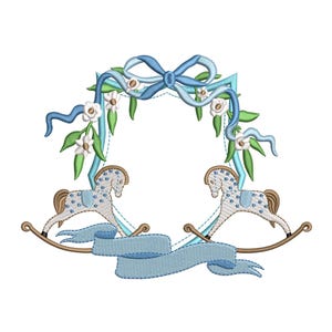 May include: A blue and white embroidered design featuring two rocking horses and a wreath of white flowers with a blue ribbon bow.