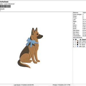 May include: An embroidered design of a German Shepherd dog, seated and facing right, with a light blue bow around its neck. The dog is brown and black, with a white background. The design is 4.01 inches high and 2.50 inches wide.
