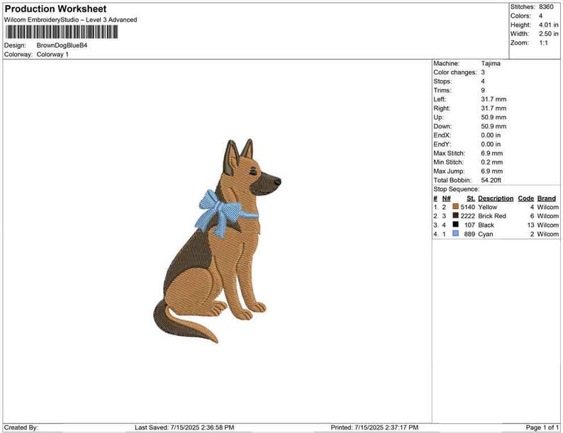 May include: An embroidered design of a German Shepherd dog, seated and facing right, with a light blue bow around its neck. The dog is brown and black, with a white background. The design is 4.01 inches high and 2.50 inches wide.