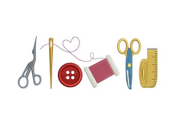 Sewing Tools Embroidery Design: Sewing Icons Scissors, Needle, Button, Thread and Measuring Tape For Embroidery Stitching (Digital Download)