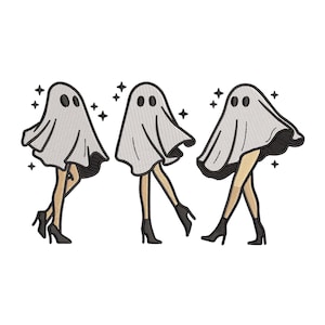 May include: Three white ghosts with black eyes and mouths are wearing dresses and walking with their legs crossed. They are surrounded by small white stars.