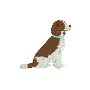 May include: An embroidered design of a dog in a seated position. The dog has brown and white fur, with a light blue collar. The dog is facing right, with its head turned slightly upward.