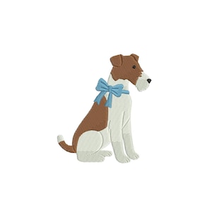 May include: An embroidered design of a seated dog with a brown and white coat, wearing a light blue bow. The dog has a pointed snout and a small tail. The design is on a white background.