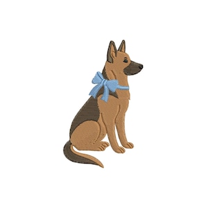 May include: An embroidered design of a German Shepherd dog in shades of brown and black, with a light blue bow tied around its neck. The dog is sitting upright, facing right, against a white background.