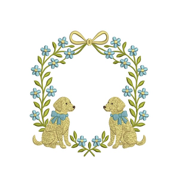 Bloemenkrans hond embleem frame borduurontwerp: Golden Retrievers machineborduurbestand (DST, PES, JEF en meer) digitale download puppy