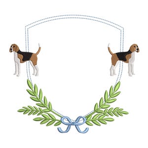May include: A blue and white shield with a wreath of green leaves and a blue bow. Two brown and white dogs are on either side of the shield.