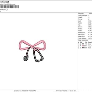 May include: Pink ribbon with a stethoscope, a design for embroidery. The design is 2.51 inches wide and 2.03 inches tall. The design uses three colors: grey, magenta, and black.