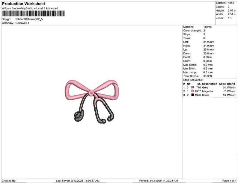 May include: Pink ribbon with a stethoscope, a design for embroidery. The design is 2.51 inches wide and 2.03 inches tall. The design uses three colors: grey, magenta, and black.