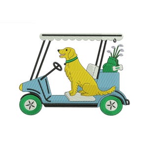 May include: A yellow Labrador Retriever sits in a light blue golf cart. The cart has green wheels and a white roof. A green golf bag with clubs and a bone-shaped tee marker is in the back.