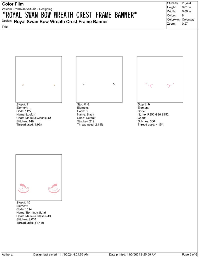 May include: A color film printout for a machine embroidery design titled "Royal Swan Bow Wreath Crest Frame Banner". The design uses eight colors and includes a total of 20,494 stitches. The design is 6.01 inches tall and 6.89 inches wide.