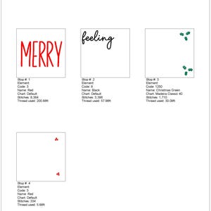 May include: A digital embroidery design for a festive holiday greeting. The design features the words "Feeling Merry" in red and green lettering. The design is 6.74 inches tall and 6.89 inches wide.