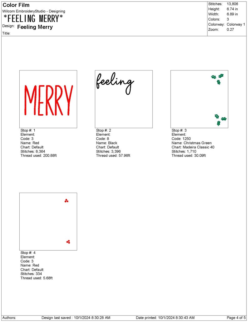 May include: A digital embroidery design for a festive holiday greeting. The design features the words "Feeling Merry" in red and green lettering. The design is 6.74 inches tall and 6.89 inches wide.