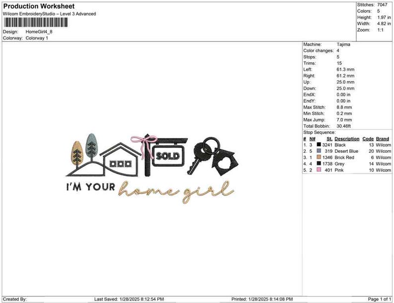 May include: An embroidery design featuring a house, keys, and a "SOLD" sign, with the text "I'M YOUR home girl." The design includes trees and a bow. The height is 1.97 inches and the width is 4.82 inches.