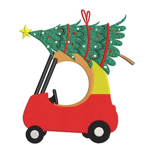May include: A red toy car with a green Christmas tree on top. The car has black wheels and a yellow interior. The tree has red and white ornaments.