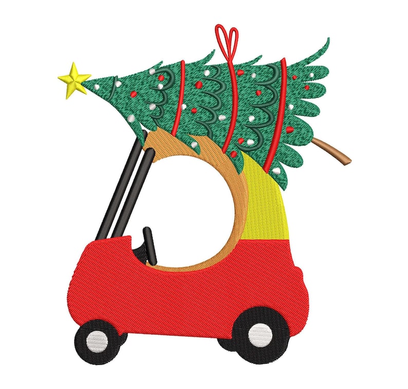 以下が含まれることがあります： 赤いおもちゃの車の上に緑のクリスマスツリーが乗っています。車は黒い車輪と黄色の内装をしています。木は赤と白のオーナメントで飾られています。