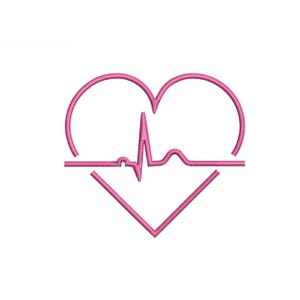 May include: A pink heart-shaped design with a heartbeat line running through the center. The design is a simple outline, with the heartbeat line and heart shape in a solid pink color against a white background. The design is suitable for medical or healthcare-related products.