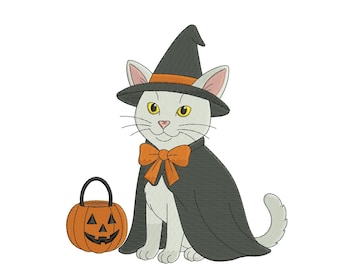 Häxkatt Halloween broderidesign: Läskig kattunge (digital nedladdning)