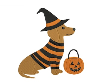 Diseño de bordado de perro salchicha para Halloween: Perro de Halloween de octubre (Descarga digital) Archivo de bordado a máquina PES de perro salchicha de otoño EXP