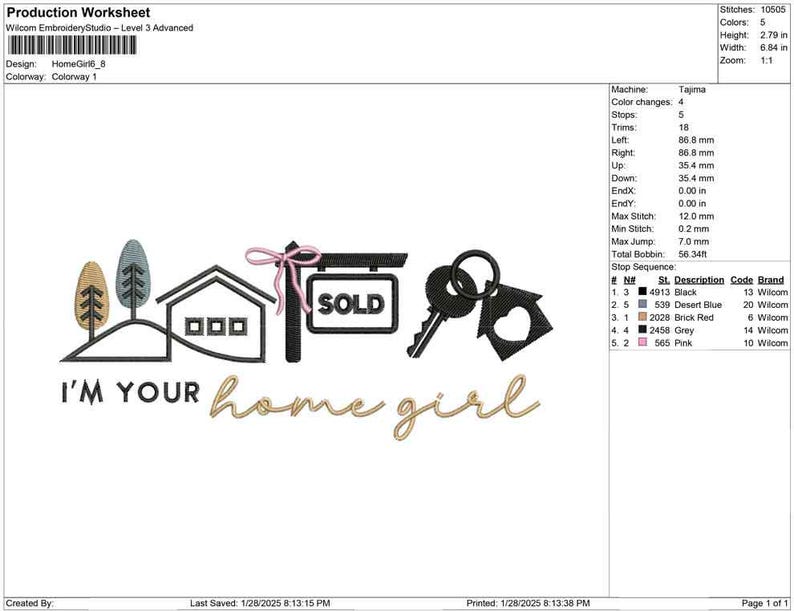 May include: An embroidery design featuring a house, trees, keys, and the words "SOLD" and "I'M YOUR home girl." The design includes a pink bow and is in black, gold, and blue colors.