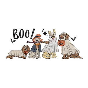 May include: Four dogs dressed up in Halloween costumes. One dog is a witch, one is a ghost, one is a ghost with a pumpkin bucket, and one is a ghost with a pumpkin bucket. The text "BOO!" is above the dogs.