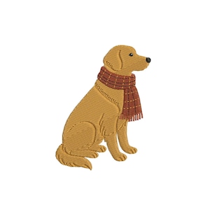 Pode incluir: Design bordado de um cão golden retriever sentado e usando um cachecol xadrez vermelho e marrom. O cão tem um nariz preto e está voltado para a direita. O bordado é detalhado com uma aparência texturizada.