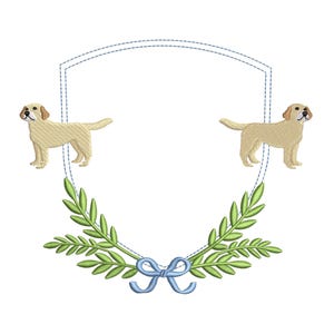 May include: A blue and white shield with two yellow Labrador Retrievers on either side. The shield is surrounded by green leaves and a blue bow.