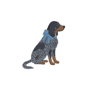 May include: An embroidered patch of a sitting dog with a black head, brown muzzle, and grey spotted body. The dog features long black ears, a light blue bow tied around its neck, and brown paws, rendered in a detailed machine embroidery style.
