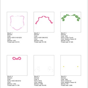 May include: A color film design for embroidery showing a royal swan bow wreath crest frame banner. The design includes a shield, a bow, a wreath, and a crest. The design is in pink, green, and gold.