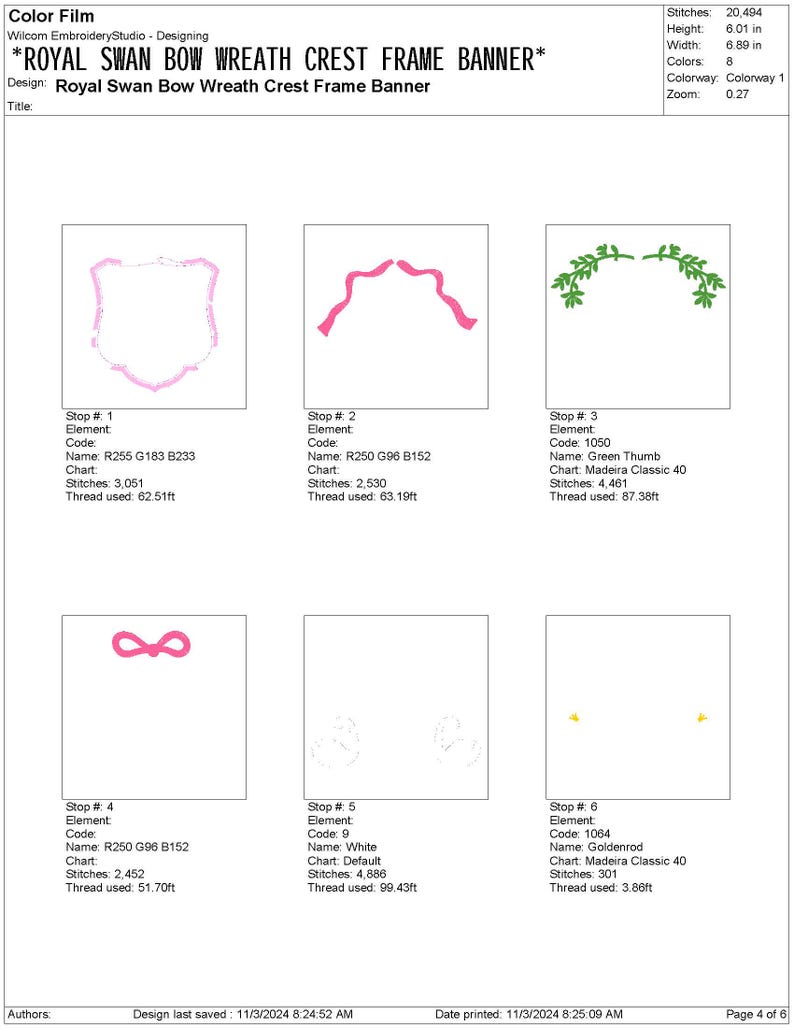May include: A color film design for embroidery showing a royal swan bow wreath crest frame banner. The design includes a shield, a bow, a wreath, and a crest. The design is in pink, green, and gold.