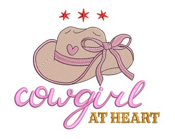 May include: Pink cowgirl at heart embroidery design featuring a brown cowboy hat with a pink ribbon and a small heart. Three red stars are positioned above the hat.